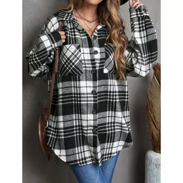 imageBTFBM Womens Long Sleeve Button Down Jackets Plaid Flannel Shirts Tops Casual Lapel V Neck Oversized Shackets Blouses TopPlaid Print Black