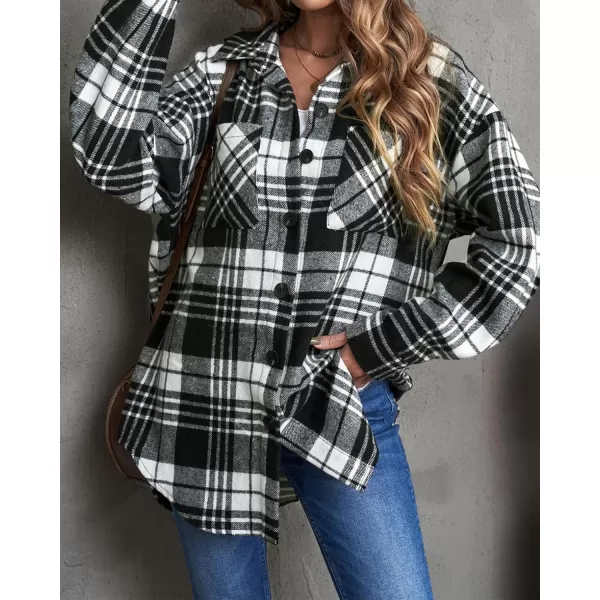 imageBTFBM Womens Long Sleeve Button Down Jackets Plaid Flannel Shirts Tops Casual Lapel V Neck Oversized Shackets Blouses TopPlaid Print Black
