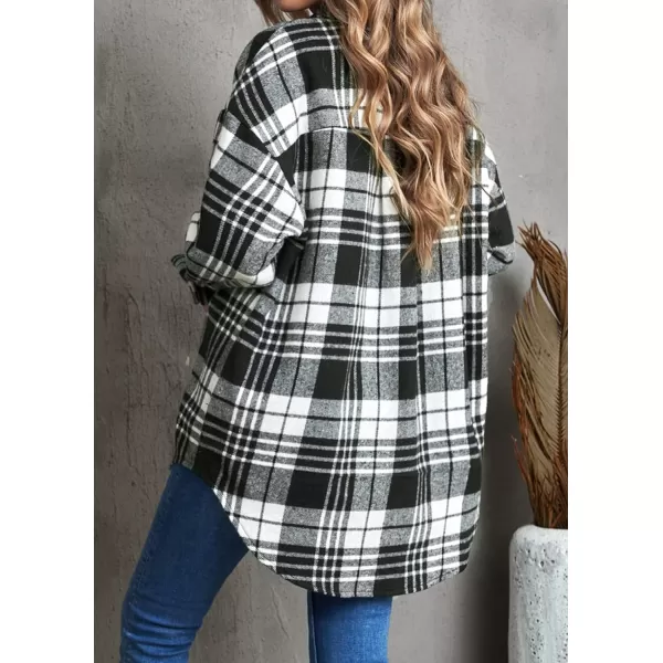 imageBTFBM Womens Long Sleeve Button Down Jackets Plaid Flannel Shirts Tops Casual Lapel V Neck Oversized Shackets Blouses TopPlaid Print Black