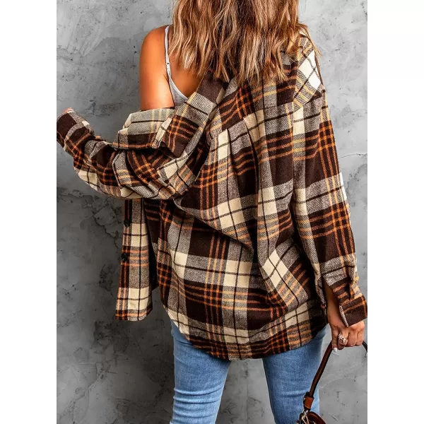 imageBTFBM Womens Long Sleeve Button Down Jackets Plaid Flannel Shirts Tops Casual Lapel V Neck Oversized Shackets Blouses TopPlaid Print Khaki
