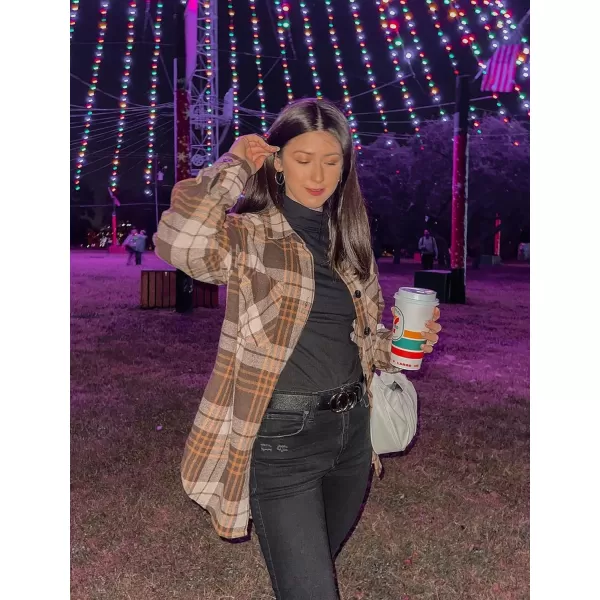 imageBTFBM Womens Long Sleeve Button Down Jackets Plaid Flannel Shirts Tops Casual Lapel V Neck Oversized Shackets Blouses TopPlaid Print Khaki