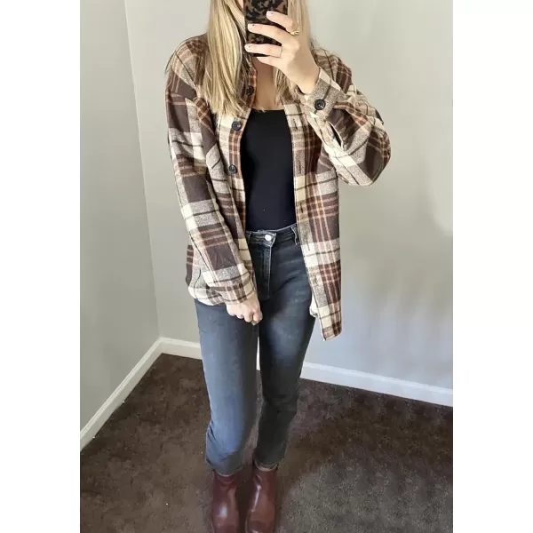 imageBTFBM Womens Long Sleeve Button Down Jackets Plaid Flannel Shirts Tops Casual Lapel V Neck Oversized Shackets Blouses TopPlaid Print Khaki