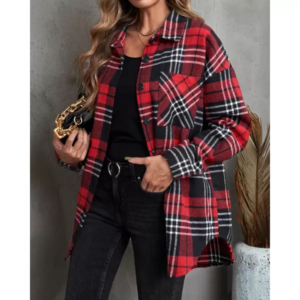 imageBTFBM Womens Long Sleeve Button Down Jackets Plaid Flannel Shirts Tops Casual Lapel V Neck Oversized Shackets Blouses TopPlaid Print Red
