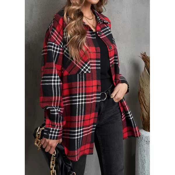 imageBTFBM Womens Long Sleeve Button Down Jackets Plaid Flannel Shirts Tops Casual Lapel V Neck Oversized Shackets Blouses TopPlaid Print Red