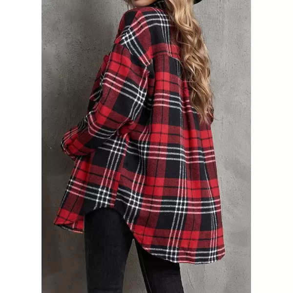 imageBTFBM Womens Long Sleeve Button Down Jackets Plaid Flannel Shirts Tops Casual Lapel V Neck Oversized Shackets Blouses TopPlaid Print Red