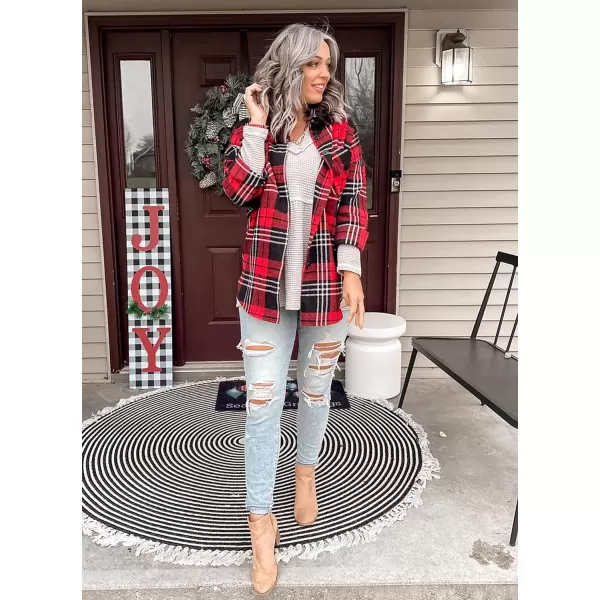 imageBTFBM Womens Long Sleeve Button Down Jackets Plaid Flannel Shirts Tops Casual Lapel V Neck Oversized Shackets Blouses TopPlaid Print Red