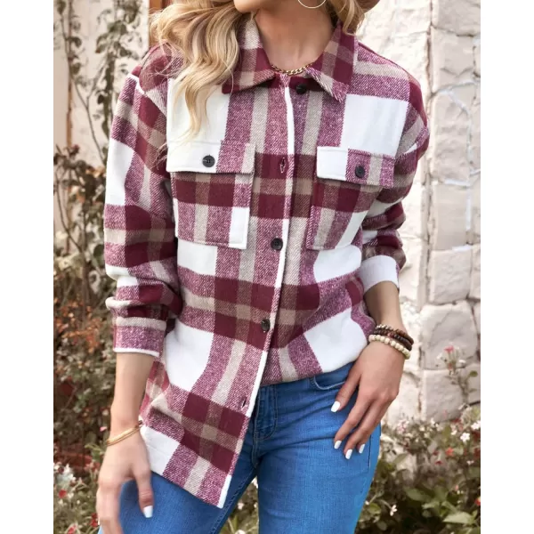 imageBTFBM Womens Long Sleeve Button Down Jackets Plaid Flannel Shirts Tops Casual Lapel V Neck Oversized Shackets Blouses TopPlaid Red