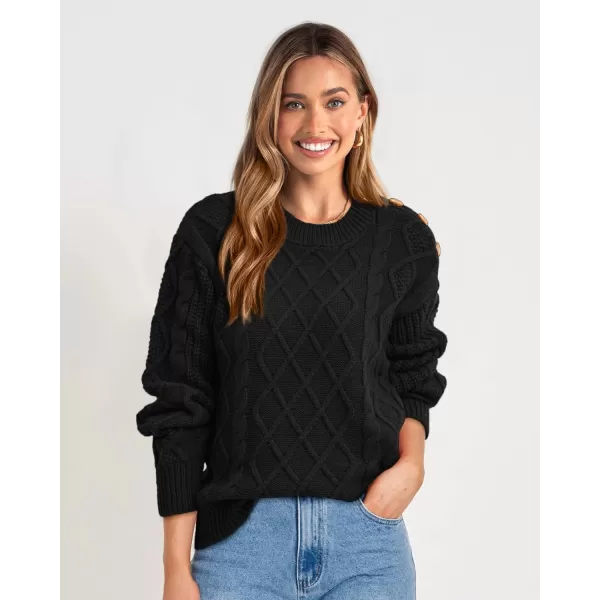 imageBTFBM Womens Long Sleeve Cable Sweater Crew Neck Button Shoulder Oversized Casual Fall Winter Knit Pullover Jumper TopsSolid Black