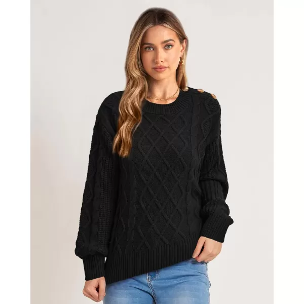 imageBTFBM Womens Long Sleeve Cable Sweater Crew Neck Button Shoulder Oversized Casual Fall Winter Knit Pullover Jumper TopsSolid Black