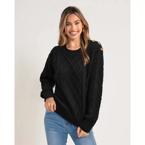imageBTFBM Womens Long Sleeve Cable Sweater Crew Neck Button Shoulder Oversized Casual Fall Winter Knit Pullover Jumper TopsSolid Black