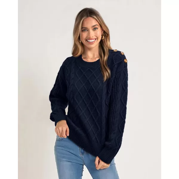 imageBTFBM Womens Long Sleeve Cable Sweater Crew Neck Button Shoulder Oversized Casual Fall Winter Knit Pullover Jumper TopsSolid Dark Blue