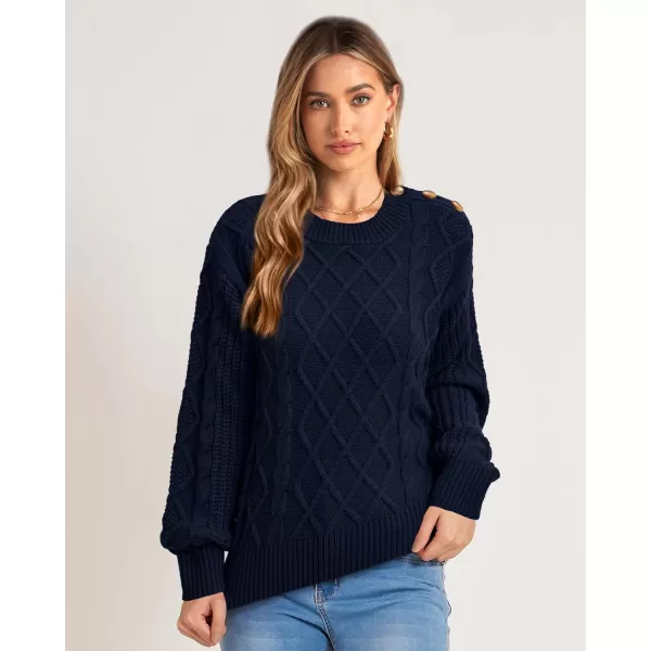 imageBTFBM Womens Long Sleeve Cable Sweater Crew Neck Button Shoulder Oversized Casual Fall Winter Knit Pullover Jumper TopsSolid Dark Blue
