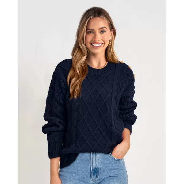 imageBTFBM Womens Long Sleeve Cable Sweater Crew Neck Button Shoulder Oversized Casual Fall Winter Knit Pullover Jumper TopsSolid Dark Blue