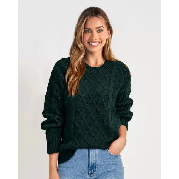 imageBTFBM Womens Long Sleeve Cable Sweater Crew Neck Button Shoulder Oversized Casual Fall Winter Knit Pullover Jumper TopsSolid Dark Green