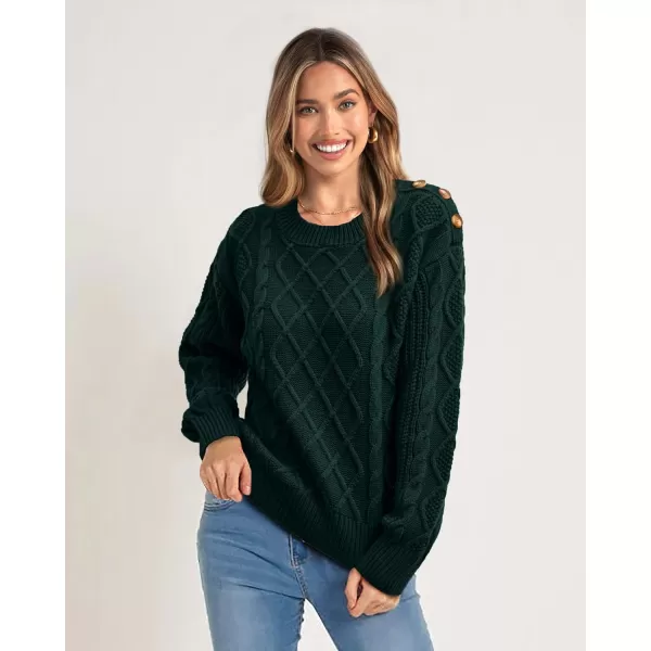 imageBTFBM Womens Long Sleeve Cable Sweater Crew Neck Button Shoulder Oversized Casual Fall Winter Knit Pullover Jumper TopsSolid Dark Green