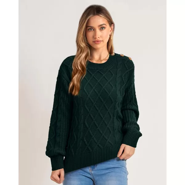 imageBTFBM Womens Long Sleeve Cable Sweater Crew Neck Button Shoulder Oversized Casual Fall Winter Knit Pullover Jumper TopsSolid Dark Green