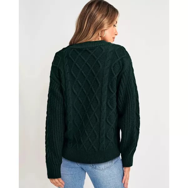 imageBTFBM Womens Long Sleeve Cable Sweater Crew Neck Button Shoulder Oversized Casual Fall Winter Knit Pullover Jumper TopsSolid Dark Green