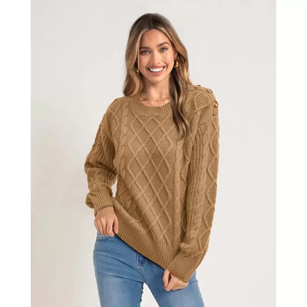 imageBTFBM Womens Long Sleeve Cable Sweater Crew Neck Button Shoulder Oversized Casual Fall Winter Knit Pullover Jumper TopsSolid Khaki
