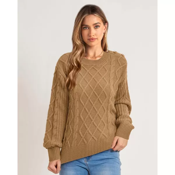 imageBTFBM Womens Long Sleeve Cable Sweater Crew Neck Button Shoulder Oversized Casual Fall Winter Knit Pullover Jumper TopsSolid Khaki