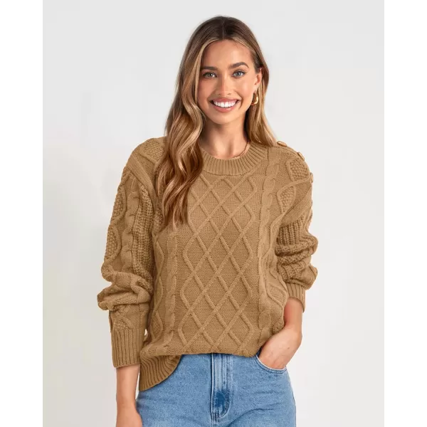 imageBTFBM Womens Long Sleeve Cable Sweater Crew Neck Button Shoulder Oversized Casual Fall Winter Knit Pullover Jumper TopsSolid Khaki
