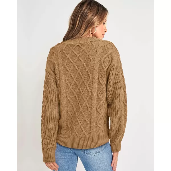 imageBTFBM Womens Long Sleeve Cable Sweater Crew Neck Button Shoulder Oversized Casual Fall Winter Knit Pullover Jumper TopsSolid Khaki