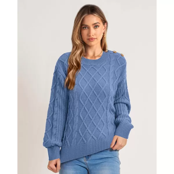 imageBTFBM Womens Long Sleeve Cable Sweater Crew Neck Button Shoulder Oversized Casual Fall Winter Knit Pullover Jumper TopsSolid Light Blue