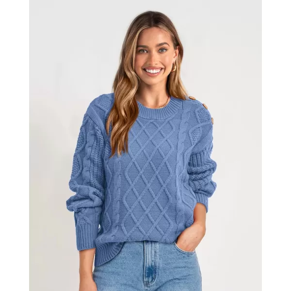 imageBTFBM Womens Long Sleeve Cable Sweater Crew Neck Button Shoulder Oversized Casual Fall Winter Knit Pullover Jumper TopsSolid Light Blue