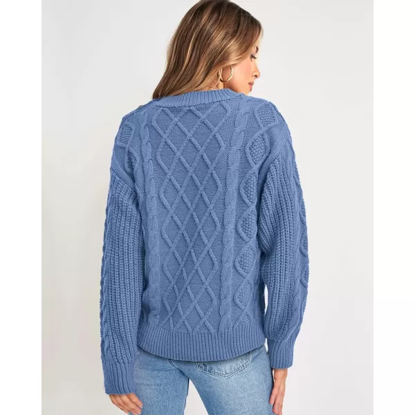 imageBTFBM Womens Long Sleeve Cable Sweater Crew Neck Button Shoulder Oversized Casual Fall Winter Knit Pullover Jumper TopsSolid Light Blue
