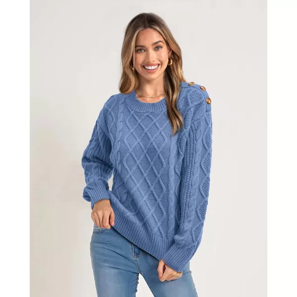 imageBTFBM Womens Long Sleeve Cable Sweater Crew Neck Button Shoulder Oversized Casual Fall Winter Knit Pullover Jumper TopsSolid Light Blue
