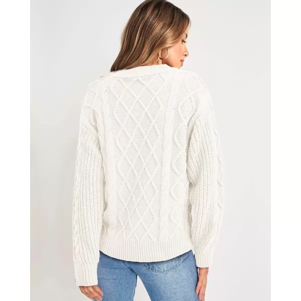imageBTFBM Womens Long Sleeve Cable Sweater Crew Neck Button Shoulder Oversized Casual Fall Winter Knit Pullover Jumper TopsSolid White