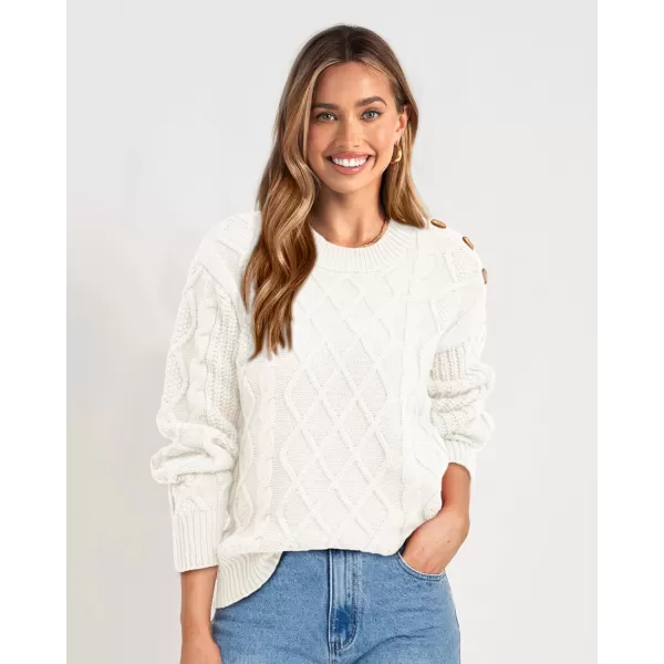 imageBTFBM Womens Long Sleeve Cable Sweater Crew Neck Button Shoulder Oversized Casual Fall Winter Knit Pullover Jumper TopsSolid White