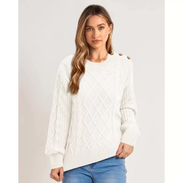 imageBTFBM Womens Long Sleeve Cable Sweater Crew Neck Button Shoulder Oversized Casual Fall Winter Knit Pullover Jumper TopsSolid White