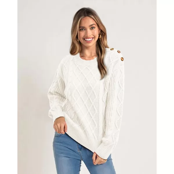 imageBTFBM Womens Long Sleeve Cable Sweater Crew Neck Button Shoulder Oversized Casual Fall Winter Knit Pullover Jumper TopsSolid White