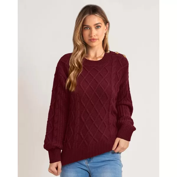 imageBTFBM Womens Long Sleeve Cable Sweater Crew Neck Button Shoulder Oversized Casual Fall Winter Knit Pullover Jumper TopsSolid Wine Red