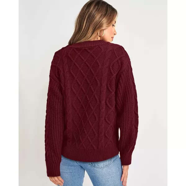imageBTFBM Womens Long Sleeve Cable Sweater Crew Neck Button Shoulder Oversized Casual Fall Winter Knit Pullover Jumper TopsSolid Wine Red