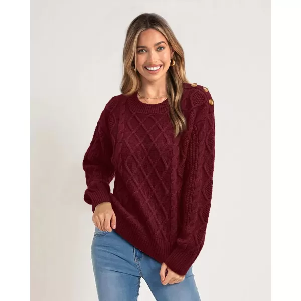 imageBTFBM Womens Long Sleeve Cable Sweater Crew Neck Button Shoulder Oversized Casual Fall Winter Knit Pullover Jumper TopsSolid Wine Red