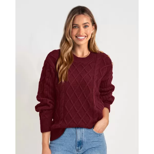 imageBTFBM Womens Long Sleeve Cable Sweater Crew Neck Button Shoulder Oversized Casual Fall Winter Knit Pullover Jumper TopsSolid Wine Red