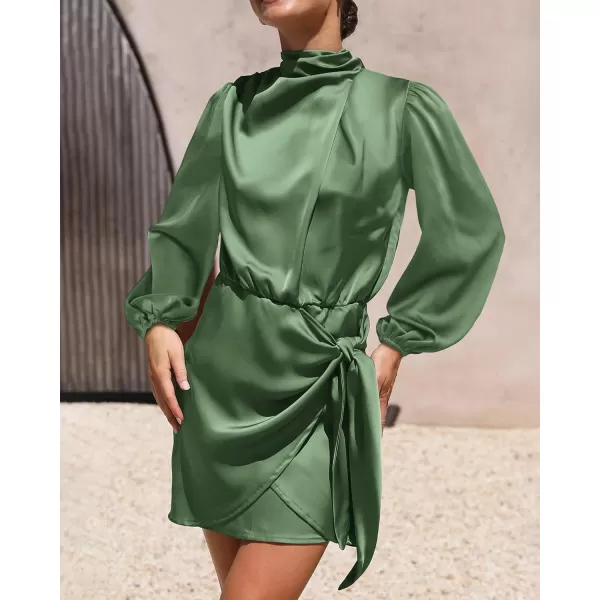 imageBTFBM Womens Long Sleeve Satin Dress 2023 Summer Fall Mock Neck Ruched Tie Waist Silky Cocktail Party Mini DressesSolid Army Green