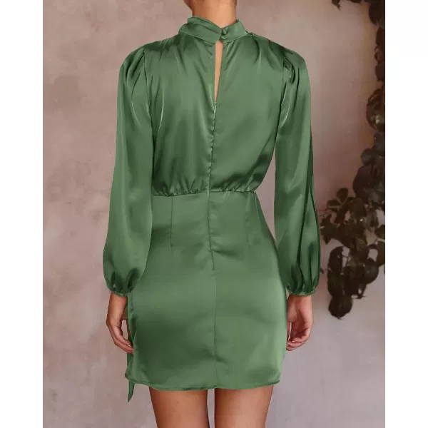 imageBTFBM Womens Long Sleeve Satin Dress 2023 Summer Fall Mock Neck Ruched Tie Waist Silky Cocktail Party Mini DressesSolid Army Green