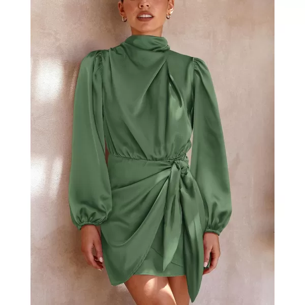 imageBTFBM Womens Long Sleeve Satin Dress 2023 Summer Fall Mock Neck Ruched Tie Waist Silky Cocktail Party Mini DressesSolid Army Green