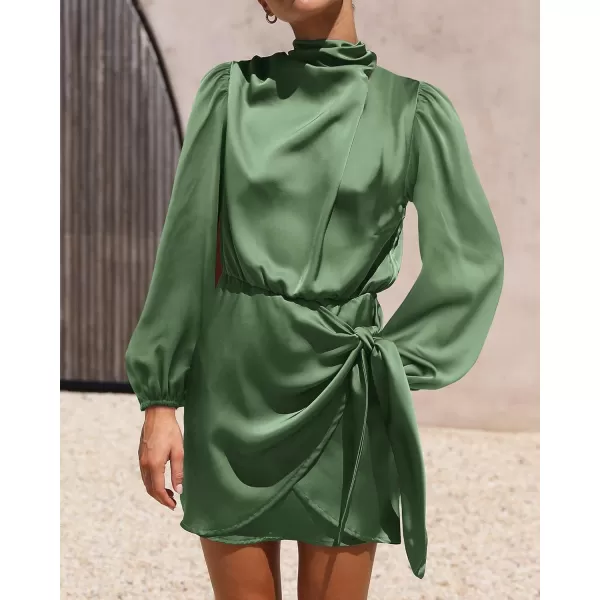 imageBTFBM Womens Long Sleeve Satin Dress 2023 Summer Fall Mock Neck Ruched Tie Waist Silky Cocktail Party Mini DressesSolid Army Green