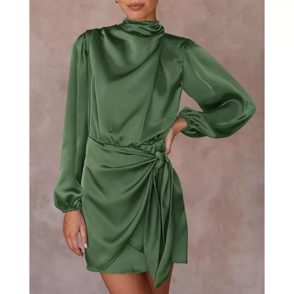 imageBTFBM Womens Long Sleeve Satin Dress 2023 Summer Fall Mock Neck Ruched Tie Waist Silky Cocktail Party Mini DressesSolid Army Green