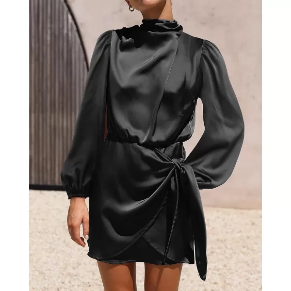 imageBTFBM Womens Long Sleeve Satin Dress 2023 Summer Fall Mock Neck Ruched Tie Waist Silky Cocktail Party Mini DressesSolid Black