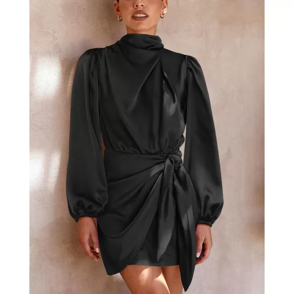 imageBTFBM Womens Long Sleeve Satin Dress 2023 Summer Fall Mock Neck Ruched Tie Waist Silky Cocktail Party Mini DressesSolid Black