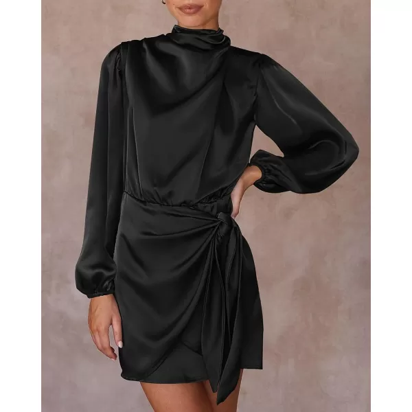imageBTFBM Womens Long Sleeve Satin Dress 2023 Summer Fall Mock Neck Ruched Tie Waist Silky Cocktail Party Mini DressesSolid Black