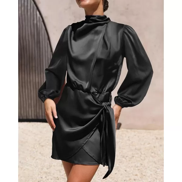 imageBTFBM Womens Long Sleeve Satin Dress 2023 Summer Fall Mock Neck Ruched Tie Waist Silky Cocktail Party Mini DressesSolid Black