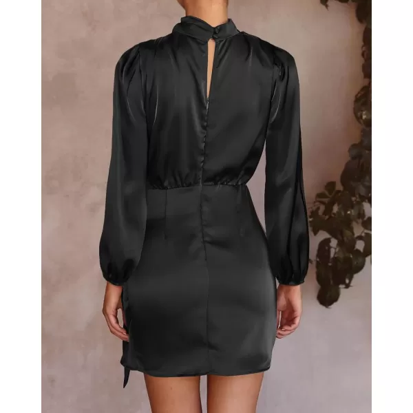 imageBTFBM Womens Long Sleeve Satin Dress 2023 Summer Fall Mock Neck Ruched Tie Waist Silky Cocktail Party Mini DressesSolid Black