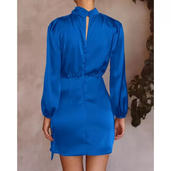 imageBTFBM Womens Long Sleeve Satin Dress 2023 Summer Fall Mock Neck Ruched Tie Waist Silky Cocktail Party Mini DressesSolid Brilliant Blue