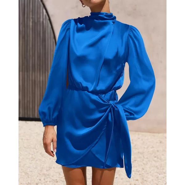 imageBTFBM Womens Long Sleeve Satin Dress 2023 Summer Fall Mock Neck Ruched Tie Waist Silky Cocktail Party Mini DressesSolid Brilliant Blue