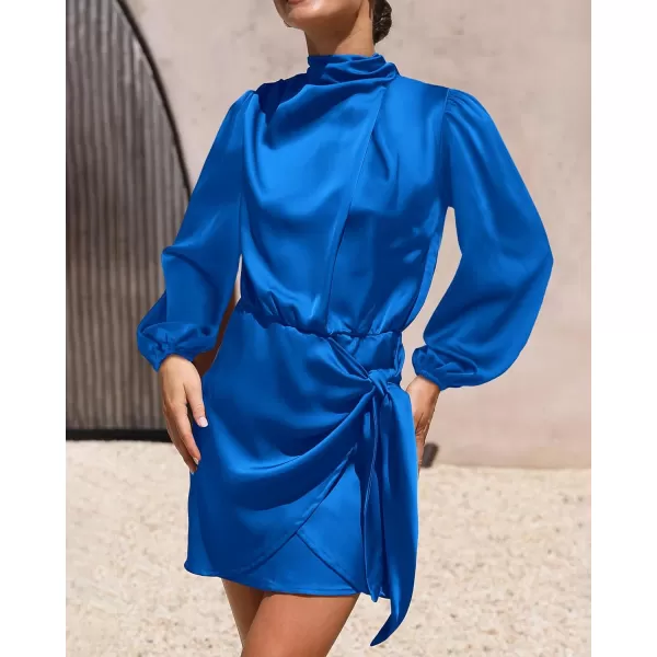 imageBTFBM Womens Long Sleeve Satin Dress 2023 Summer Fall Mock Neck Ruched Tie Waist Silky Cocktail Party Mini DressesSolid Brilliant Blue